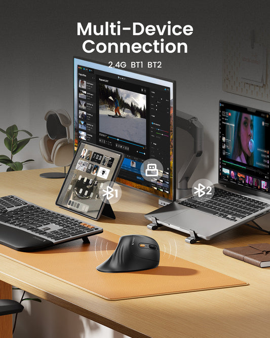 ProtoArc EM11 NL connected to a laptop and a tablet · ergoliv