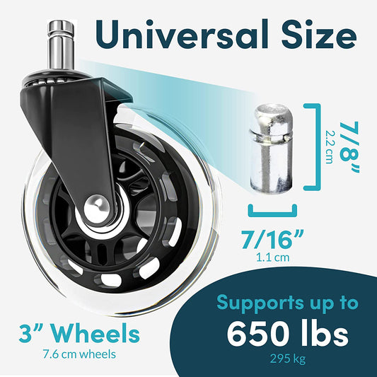 Office Chair Caster Wheels for All Floors - Set of 5 Silicone Replacements with Universal Fit Standard
