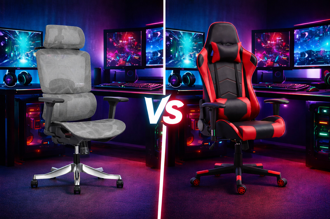 Scaun ergonomic de birou alaturi de un scaun de gaming, comparatie