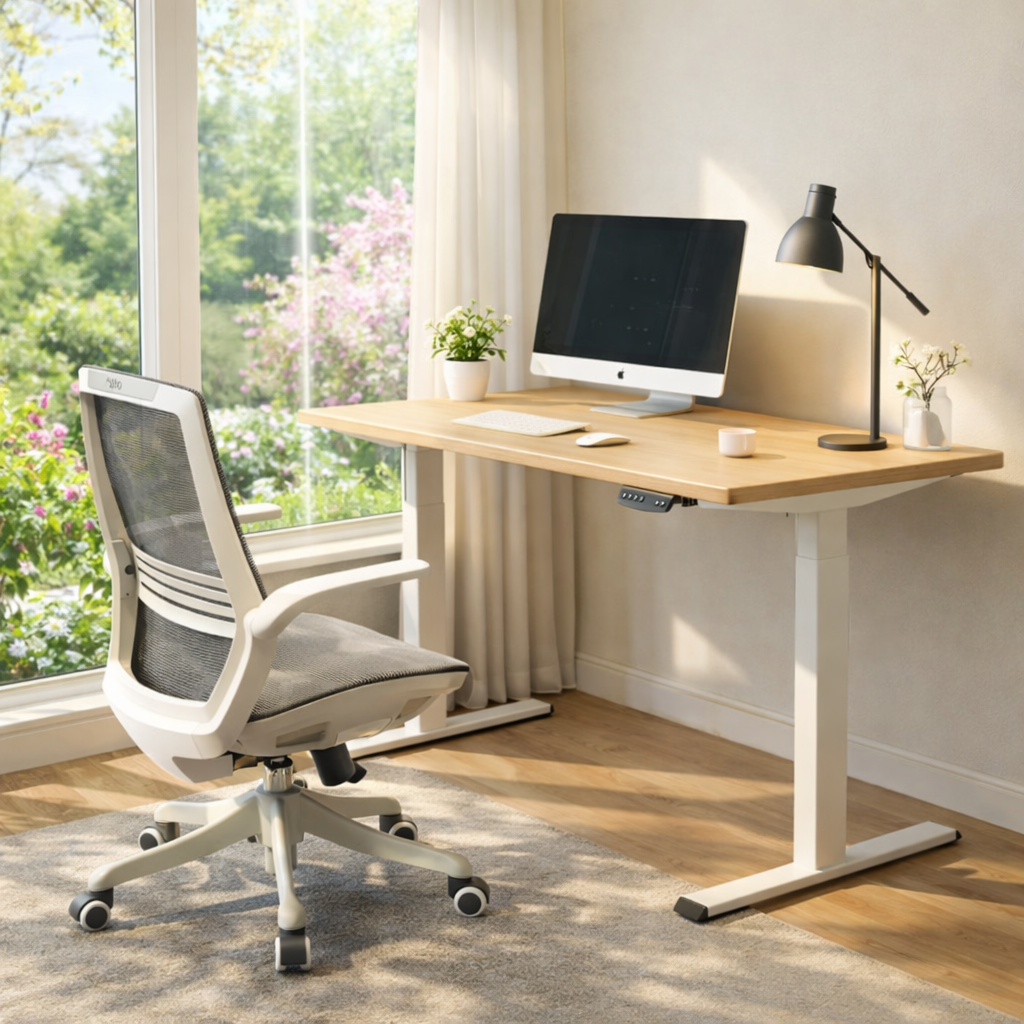 Birou luminos amenajat ergonomic, cu scaun si birou reglabil ergoliv