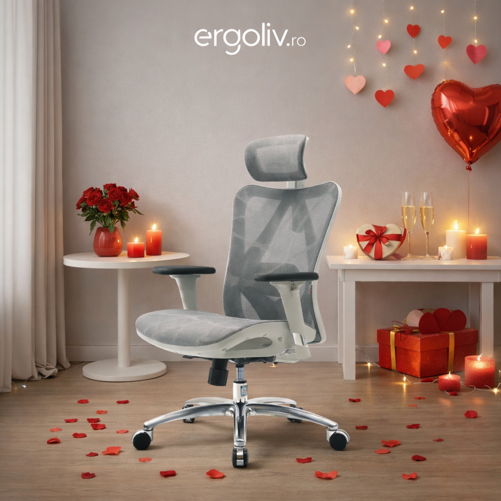 Scaun ergonomic gri ergoliv intr-un decor de Valentine's Day, cu baloane si lumanari