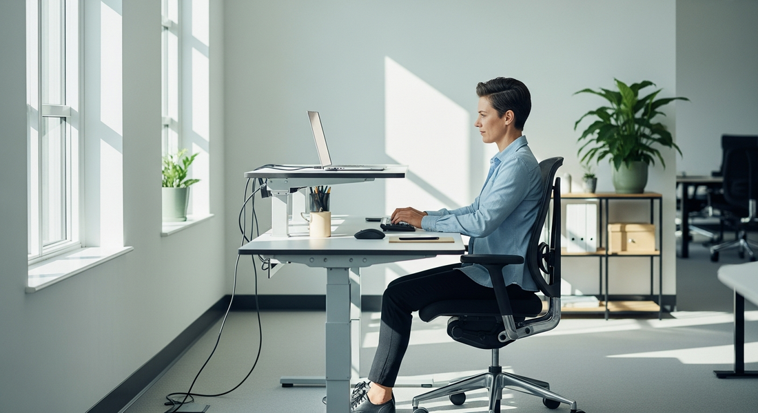 Spațiu de birou ergonomic modern cu mobilier ajustabil și angajat având o postură corectă, evidențiind sănătatea echipei.
