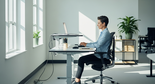 Spațiu de birou ergonomic modern cu mobilier ajustabil și angajat având o postură corectă, evidențiind sănătatea echipei.