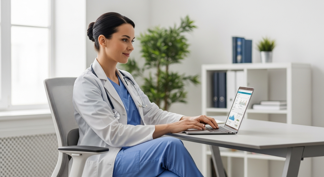 Medic zâmbind, așezat confortabil pe un scaun ergonomic modern într-un spital, ilustrând importanța posturii corecte pentru sănătate.