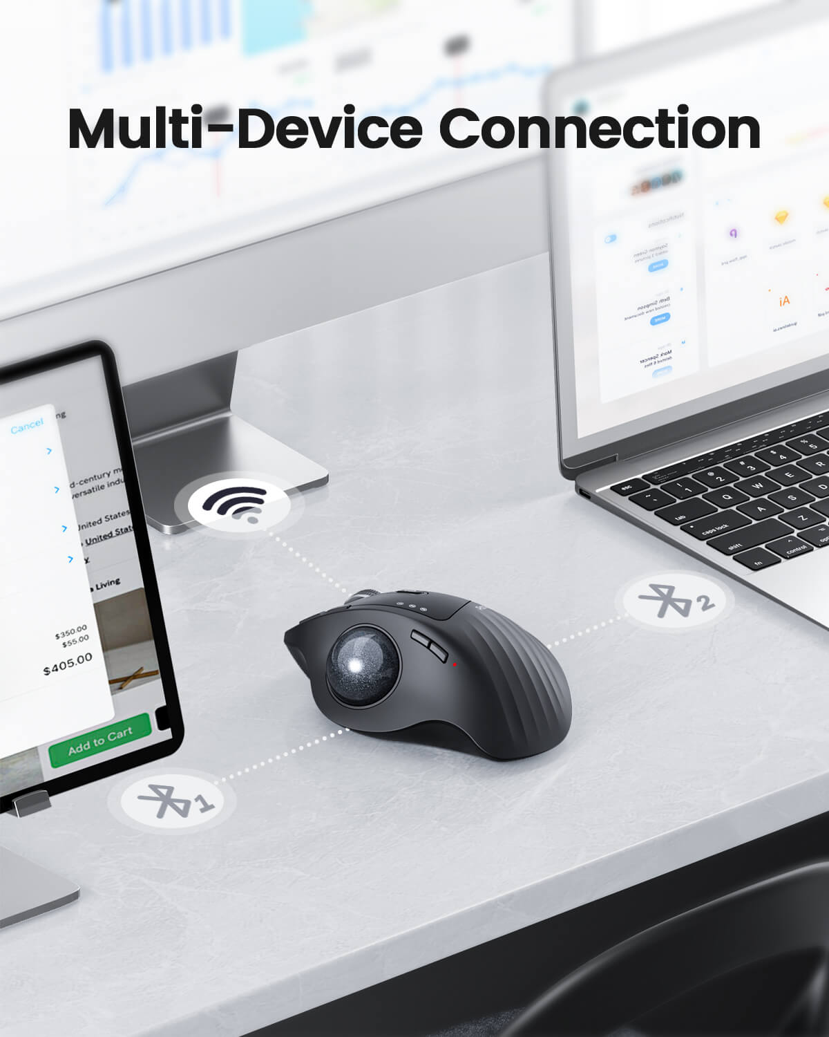 ProtoArc EM01 NL connected to a laptop and a tablet · ergoliv